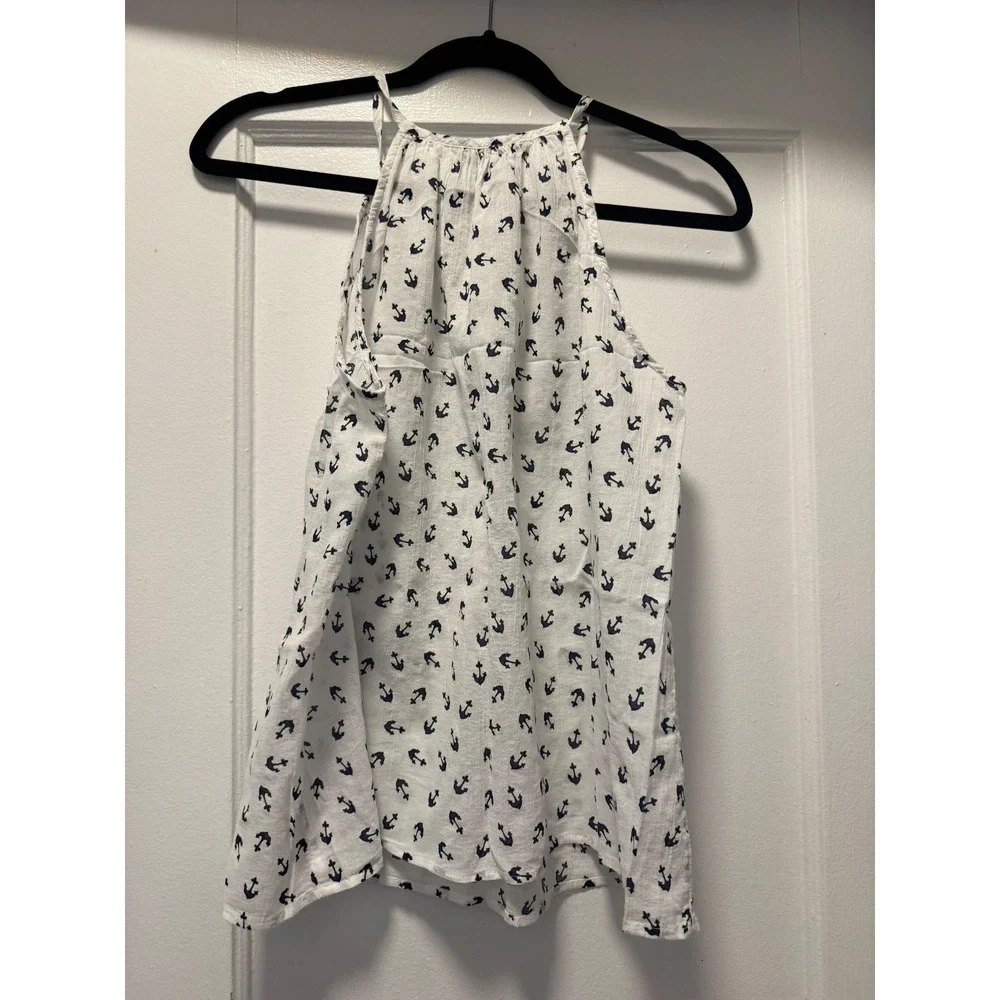 Banana Republic Womens Small White Navy Blue Anchor Print Halter Tank Top Blouse - Picture 1 of 3